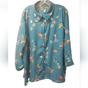 Simply Emma Wow Blouse Woman Plus 3X Cottage Sheer Teal Floral Button Shirt NWT